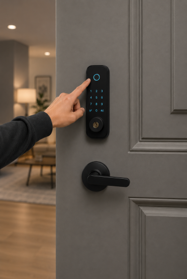 Connect IoT unit door lock access interface with mobile, PIN, fingerprint, credentials, and lock activity