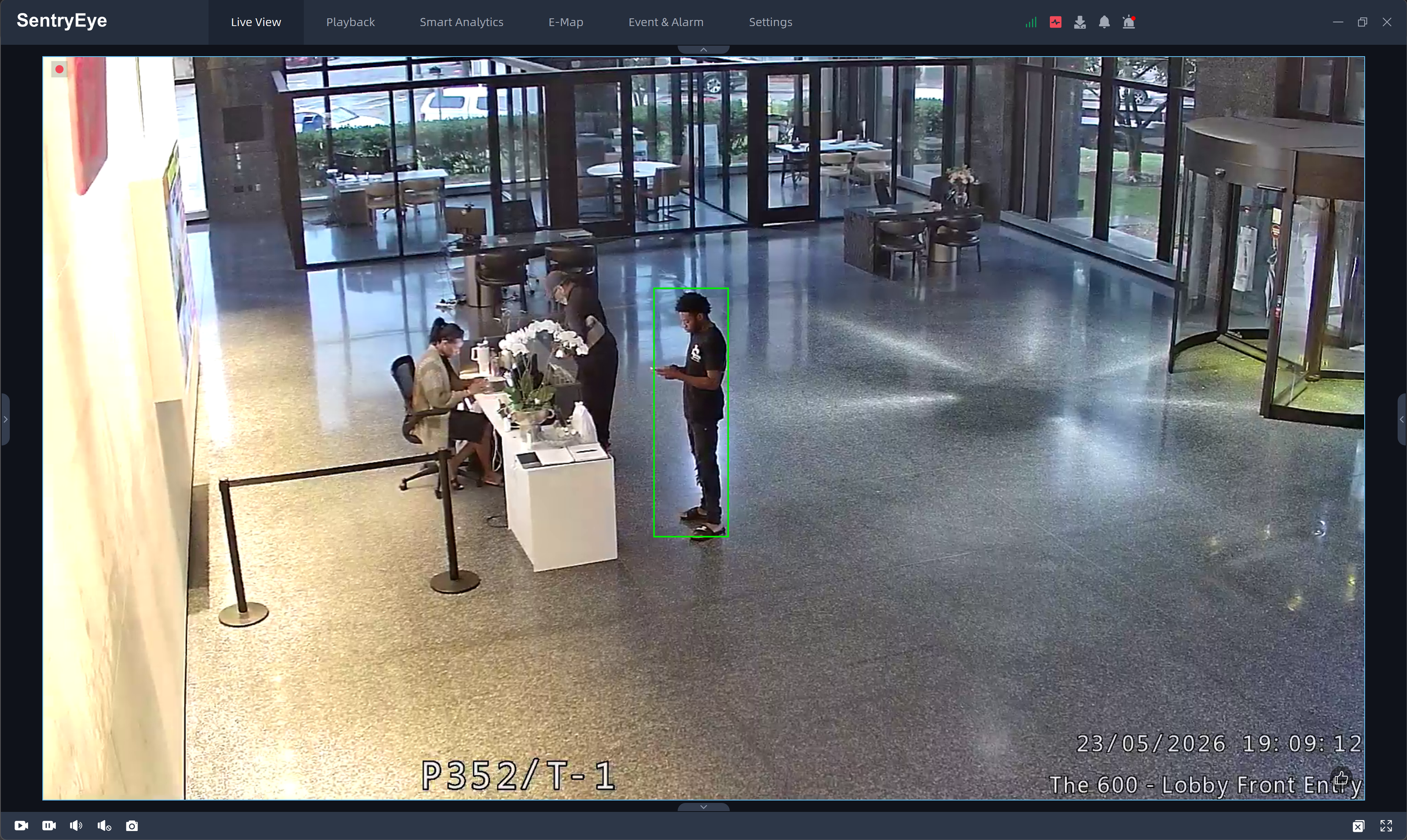 SentryEye dashboard showing professional camera coverage, AI detection, license plate recognition, and searchable security evidence