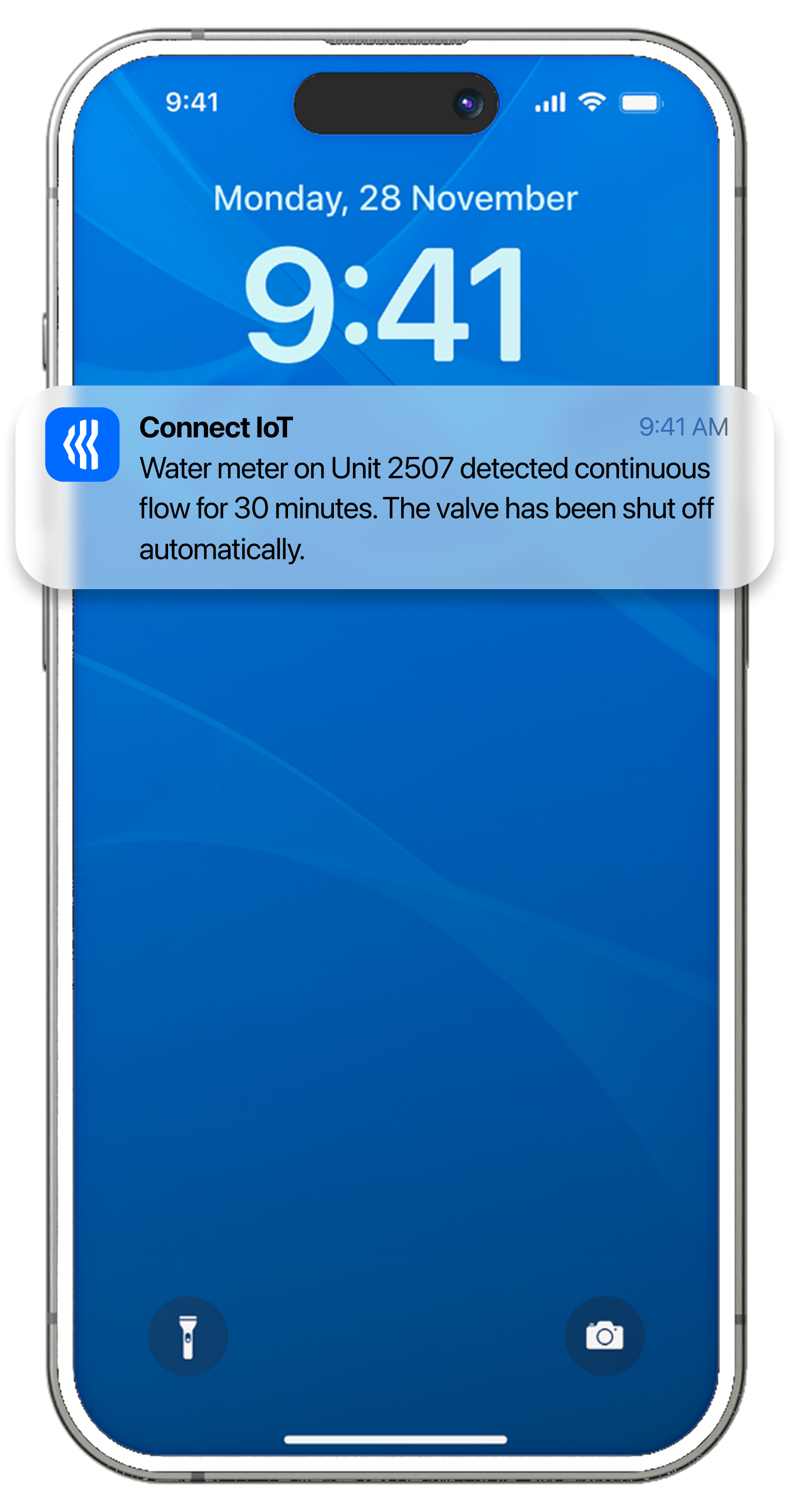 SmartH2O mobile push notification for a potential leak and valve shutoff readiness